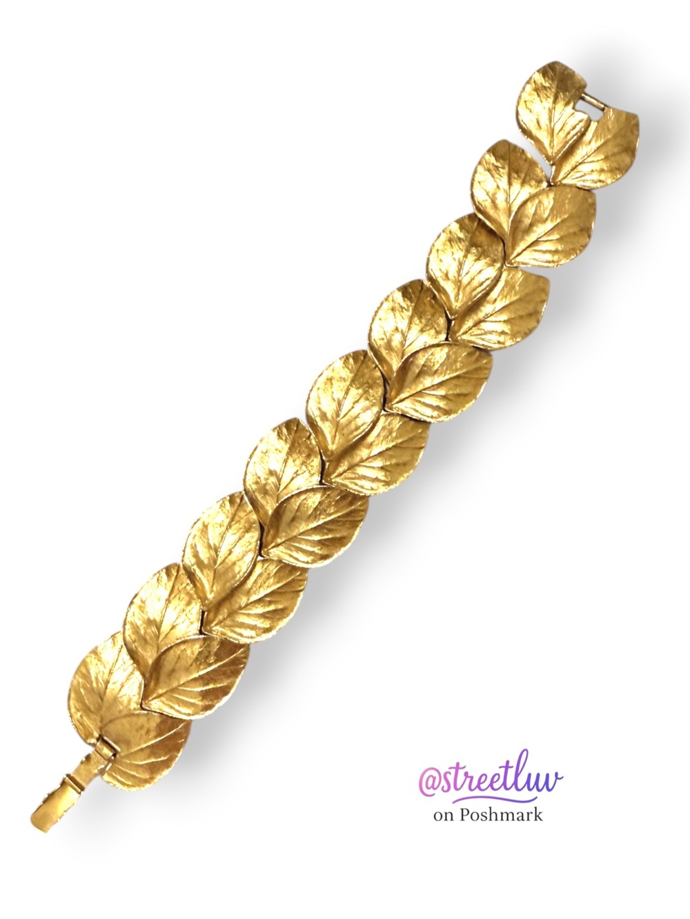 Vintage Trifari Gold Tone Textured Leaf Link Bracelet Signed 1980s